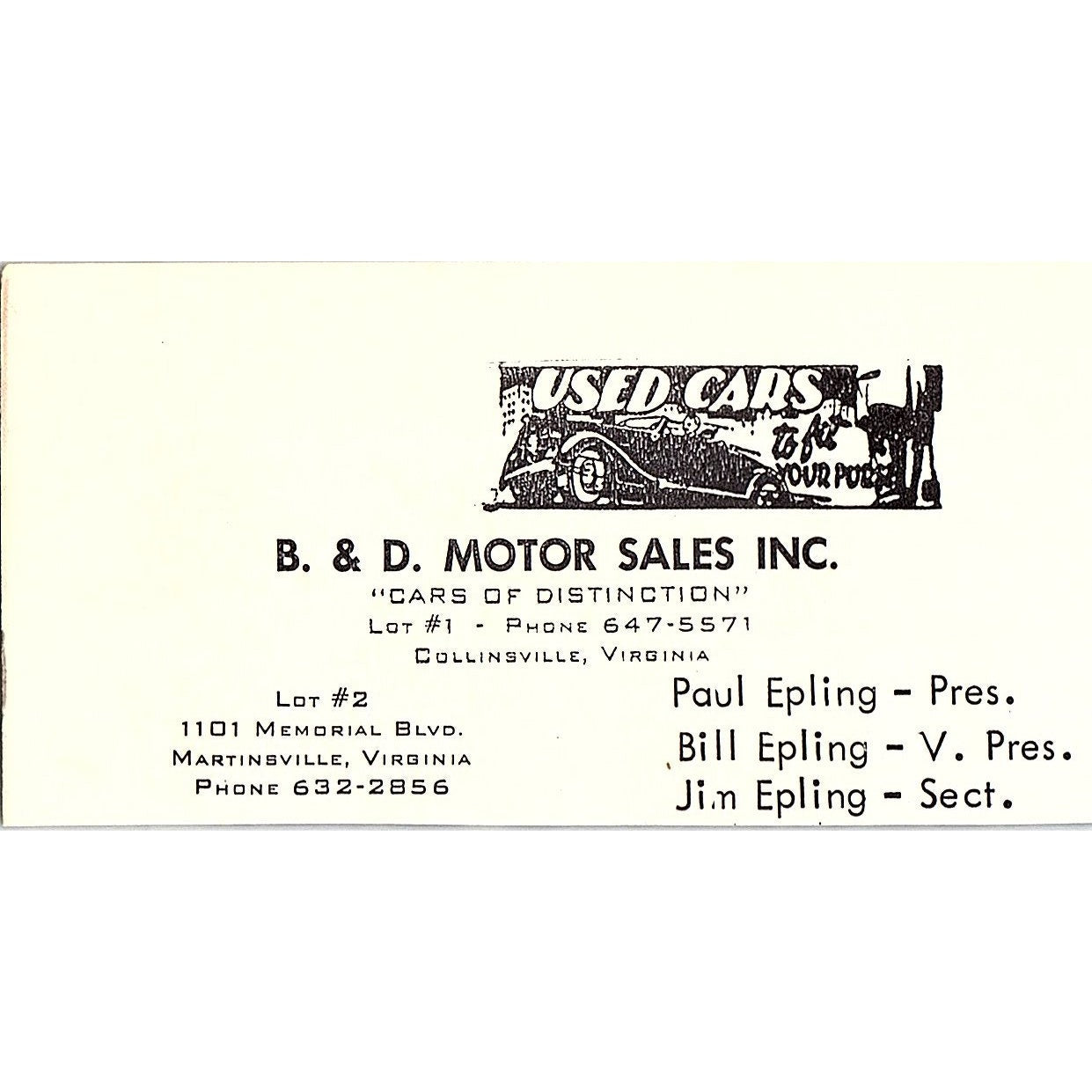 B&D Motor Sales Inc Paul, Bill, Jim Epling Collinsville VA 1960s Ad AG2-M3