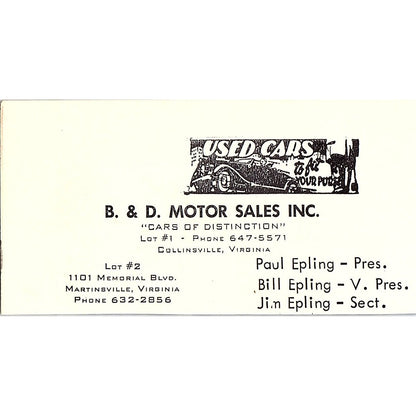 B&D Motor Sales Inc Paul, Bill, Jim Epling Collinsville VA 1960s Ad AG2-M3