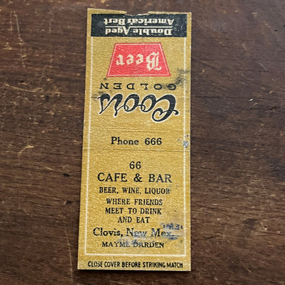 66 Cafe & Bar Clovis NM Mayme Darden Coors Vintage Matchbook Cover SC7-Y5