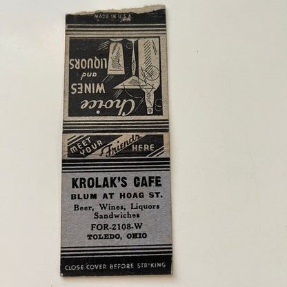 Krolak's Cafe 1938 Toledo Mud Hens Schedule Matchbook Cover MB87-3