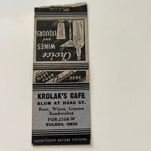 Krolak's Cafe 1938 Toledo Mud Hens Schedule Matchbook Cover MB87-3