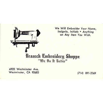Braasch Embroidery Shoppe Westminster CA Vintage Business Card SSB4-B12