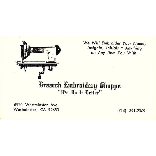Braasch Embroidery Shoppe Westminster CA Vintage Business Card SSB4-B12