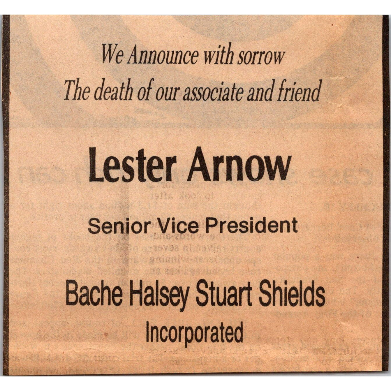 Lester Arnow Death Bache Halsey Stuart Shields 1981 WI Newspaper Ad AH3-9