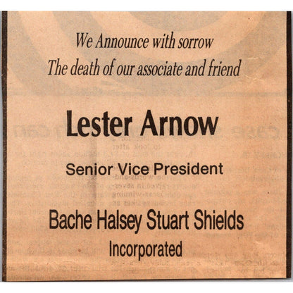 Lester Arnow Death Bache Halsey Stuart Shields 1981 WI Newspaper Ad AH3-9