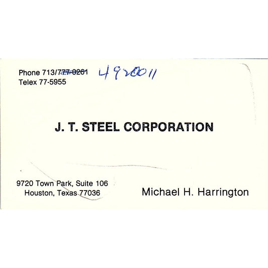 Michael H Harrington J.T. Steel Corp Houston Vintage Business Card SE5-B2