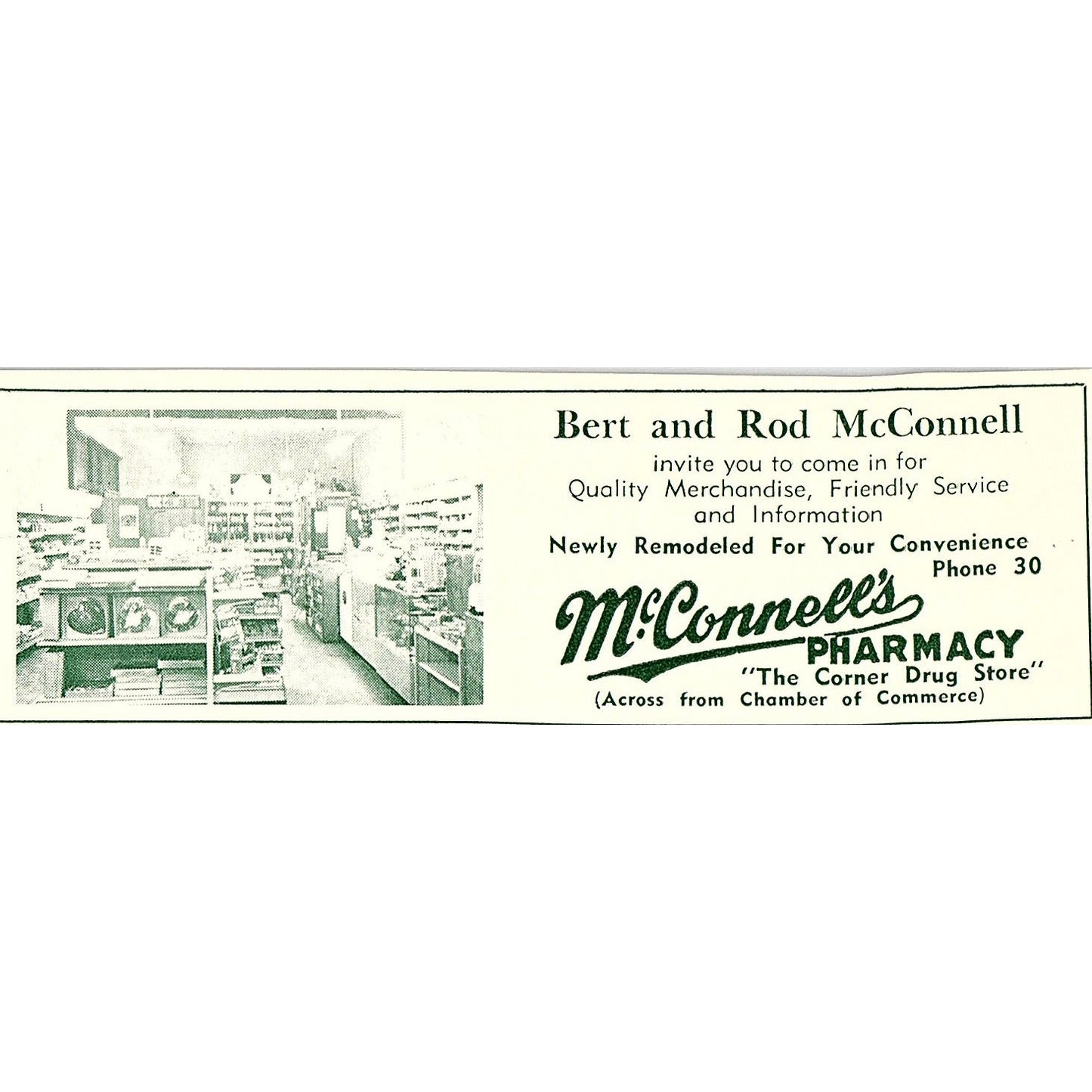Bert & Rod McConnell's Pharmacy, Chas F Hix Ins 1957 Estes Park CO Ad AG4-M1