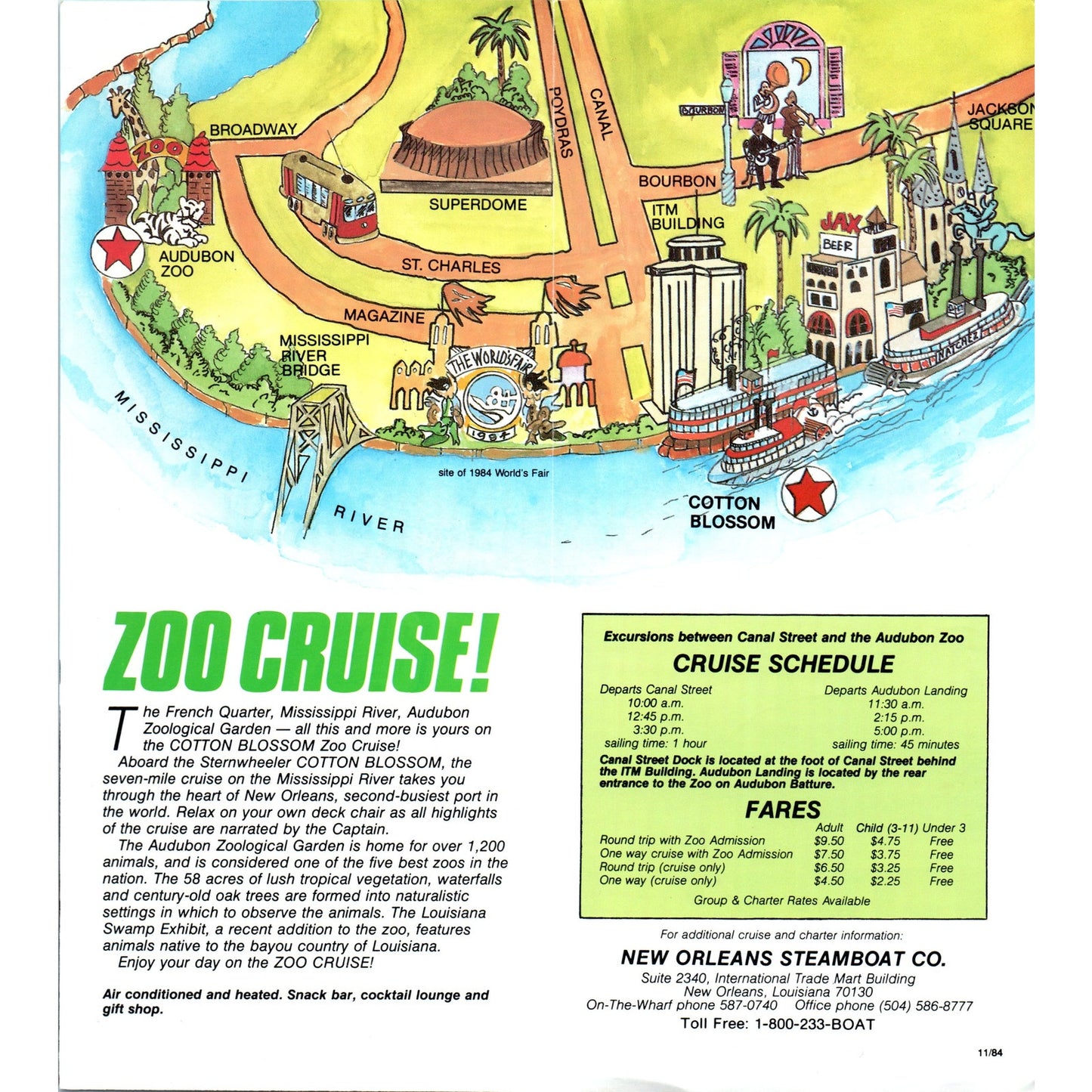 Vintage New Orleans River Cruise to Audubon Zoo Cotton Blossom Brochure TF4-B1