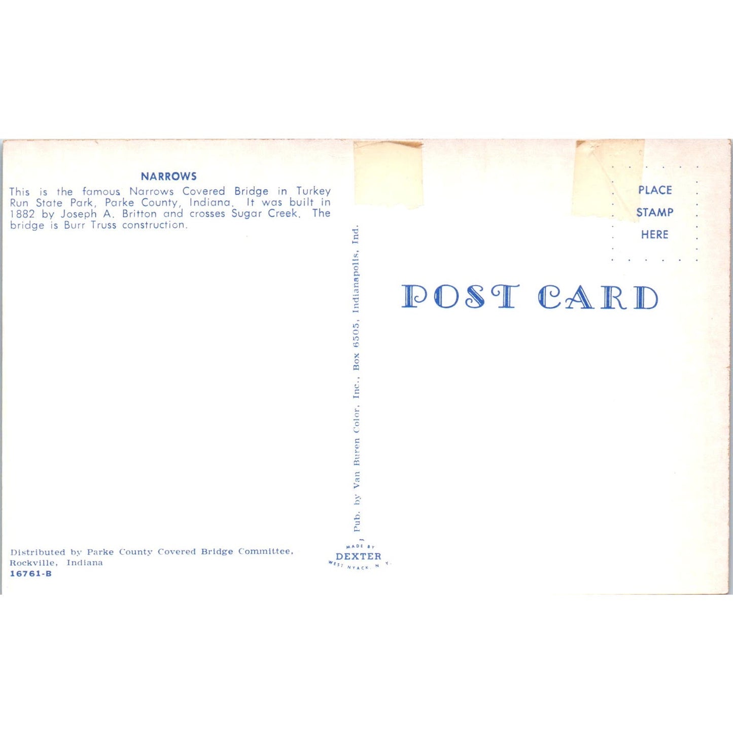 Narrows Bridge Parke County Indiana Sugar Creek Covered Bridge Postcard PC5