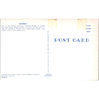 Narrows Bridge Parke County Indiana Sugar Creek Covered Bridge Postcard PC5