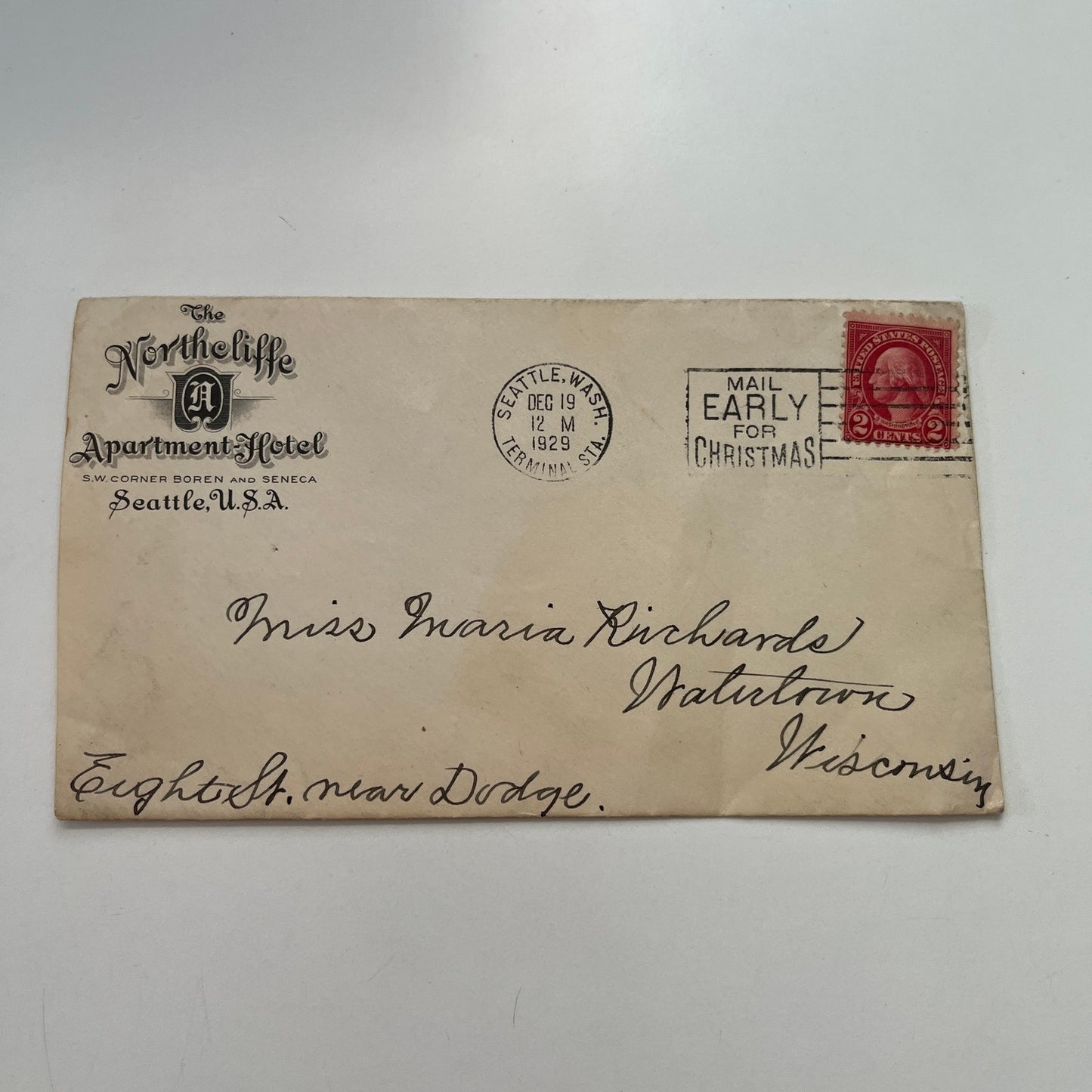 1929 The Northcliffe Apartment Hotel Seattle WA Envelope AI9-H6