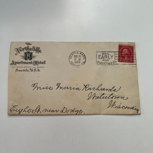 1929 The Northcliffe Apartment Hotel Seattle WA Envelope AI9-H6