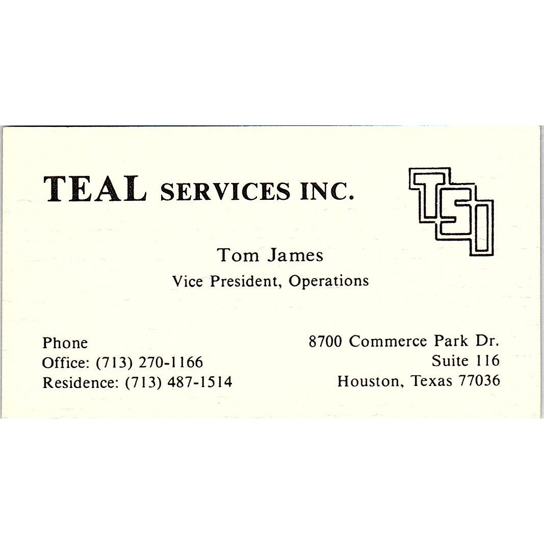 Teal Services Inc Tom James Houston Texas Vintage Business Card SB4-B9