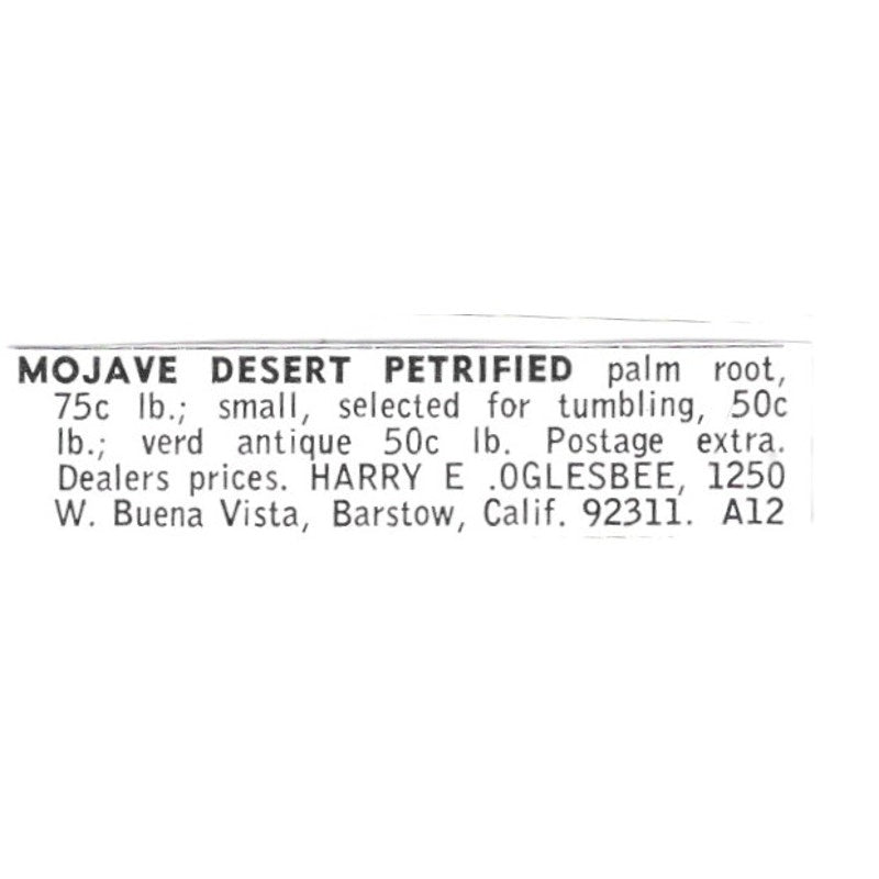 Harry E Oglesbee Mojave Desert Petrified Palm Root Barstow CA 1972 Ad AF8-S15