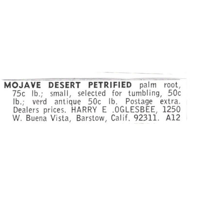 Harry E Oglesbee Mojave Desert Petrified Palm Root Barstow CA 1972 Ad AF8-S15
