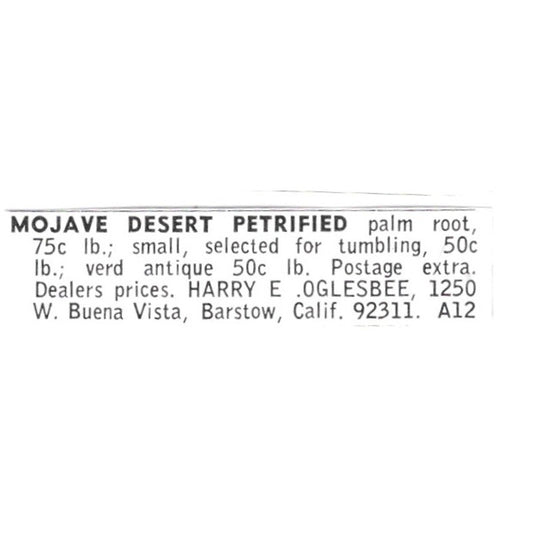 Harry E Oglesbee Mojave Desert Petrified Palm Root Barstow CA 1972 Ad AF8-S15