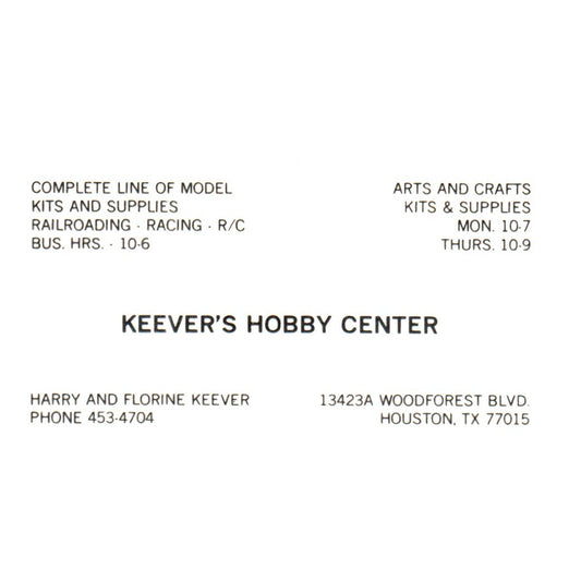 Vintage Keever's Hobby Center Harry & Florine Keever BLVD TX Business Card SF3-B1