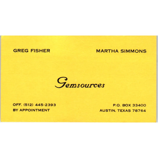 Gemsources Greg Fisher Martha Simmons Austin TX Vintage Business Card SD8-B6