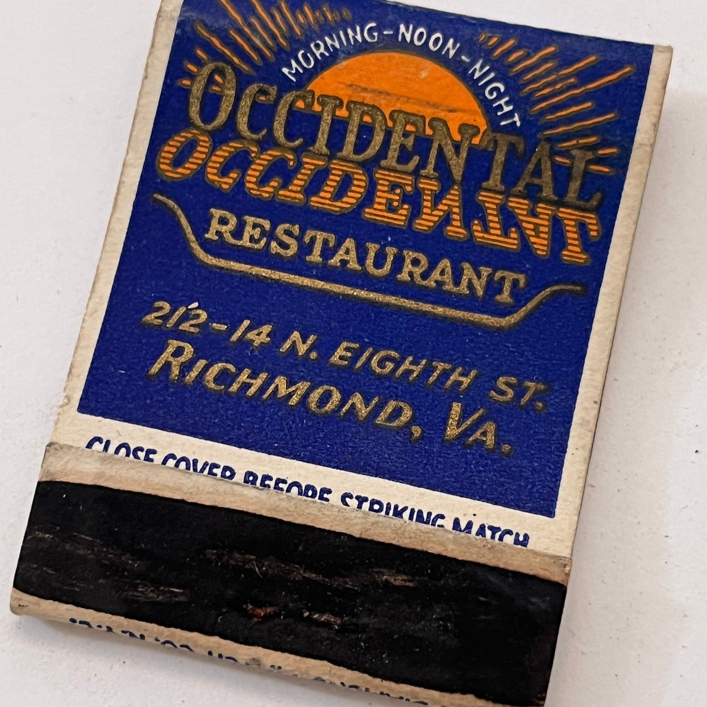 Occidental Restaurant Richmond VA Vintage Matchbook Cover TB8-MB3-1