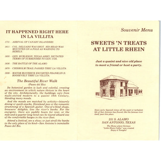 1970s Sweet 'N Treats at Little Rhein Souvenir Menu San Antonio Texas TF4-BC
