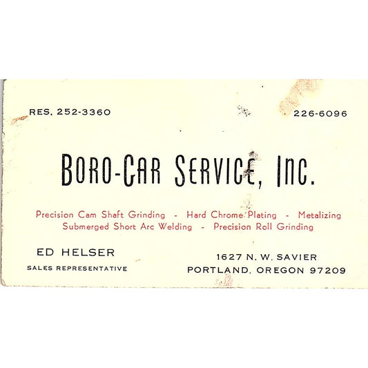 Boro-Car Service Ed Helser Portland OR Vintage Business Card SE3-B13