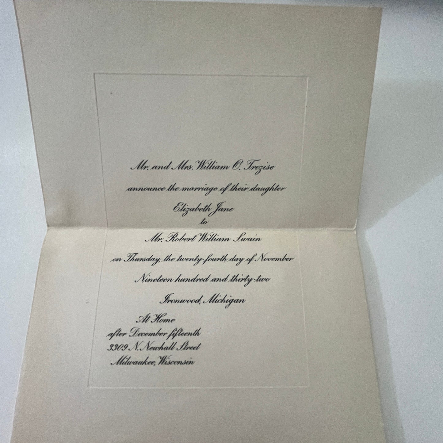 Elizabeth Jane & Robert W. Swain Wedding Invitation 1932 Ironwood MI AI9-M28