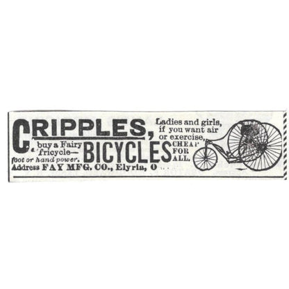 Fairy Tricycle Cripple Bicycle Fay Mfg Co Elyria OH c1890 Victorian Ad AE9-CH1