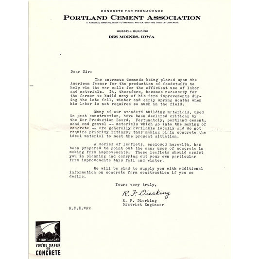 Portland Cement Association Letter Des Moines IA R.F. Dierking c1942 WWII AG5-2