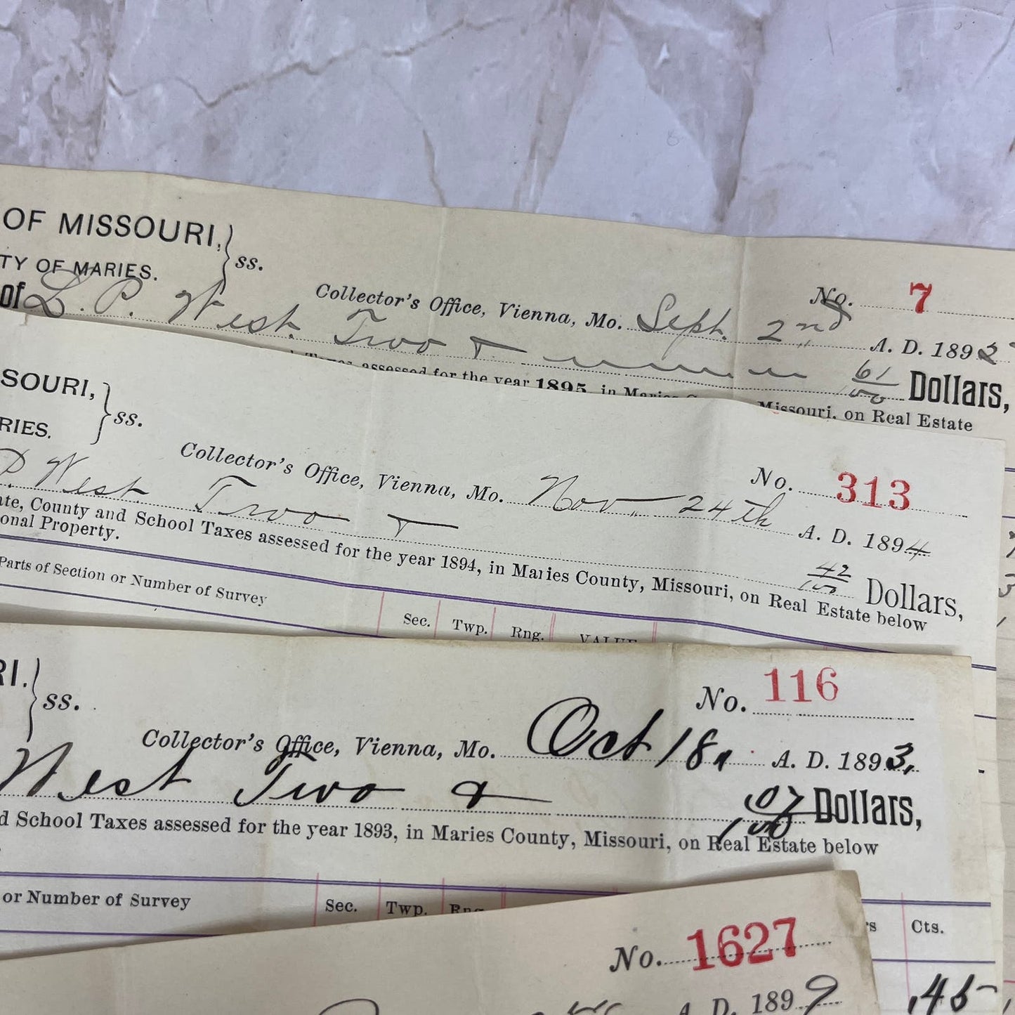 1890s State of MO County of Maries Tax Collection Receipts Lot Vienna TG9-E2-1