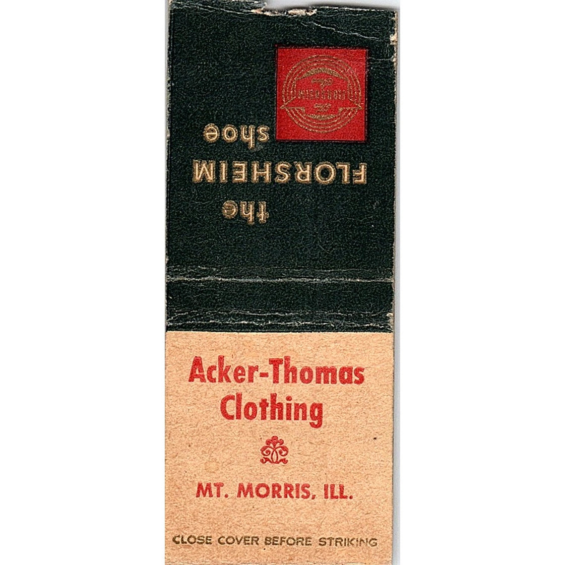 Acker-Thomas Clothing Mt. Morris IL Florsheim Shoes Vtg Matchbook Cover SF3-Y9