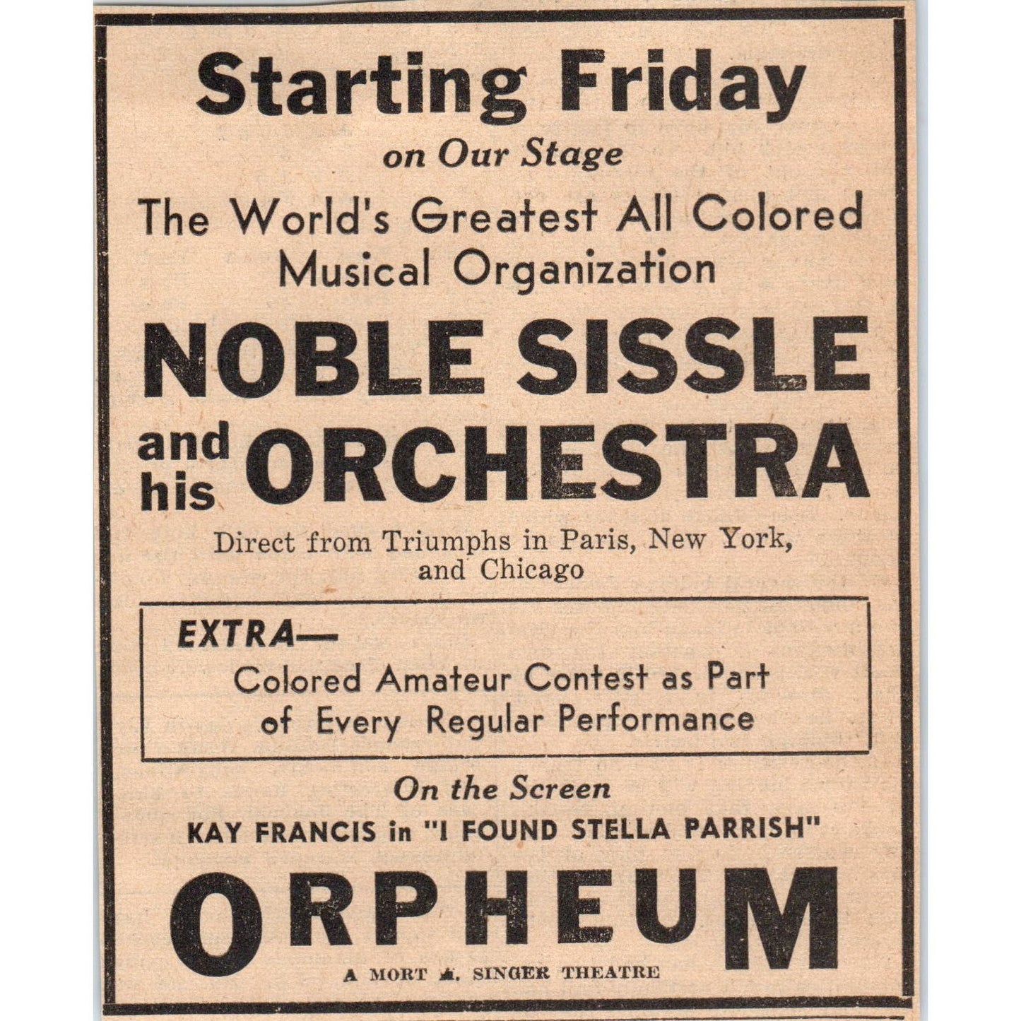 Noble Sissle & Orchestra Orpheum Theatre 3x4 1935 Minneapolis Journal Ad AE7-H1