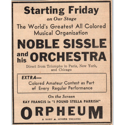 Noble Sissle & Orchestra Orpheum Theatre 3x4 1935 Minneapolis Journal Ad AE7-H1