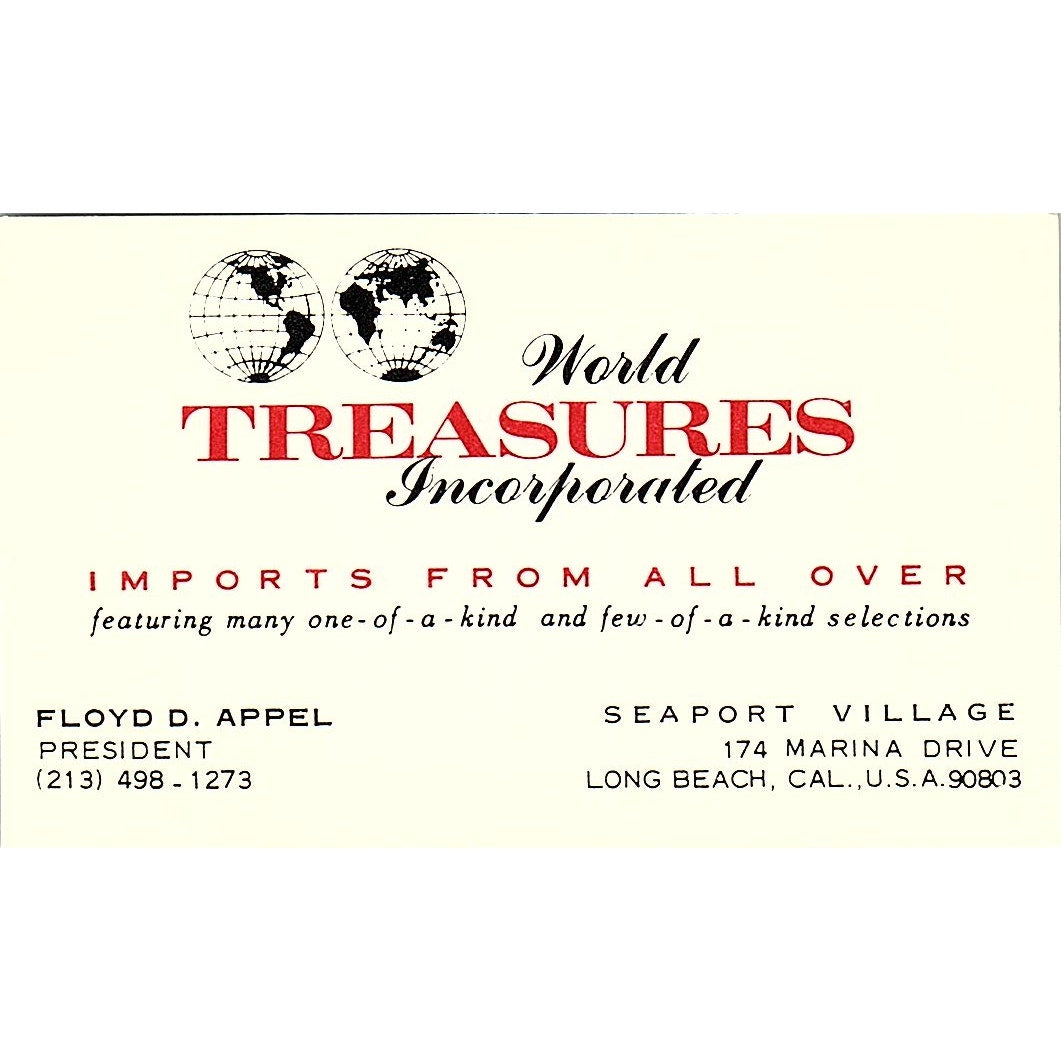 World Treasures Inc Floyd D Appel Long Beach CA Vintage Business Card TH2-B1