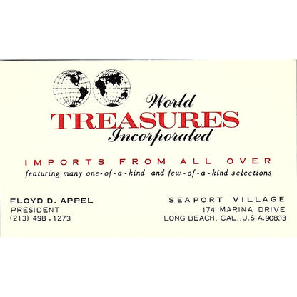 World Treasures Inc Floyd D Appel Long Beach CA Vintage Business Card TH2-B1