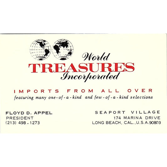 World Treasures Inc Floyd D Appel Long Beach CA Vintage Business Card TH2-B1