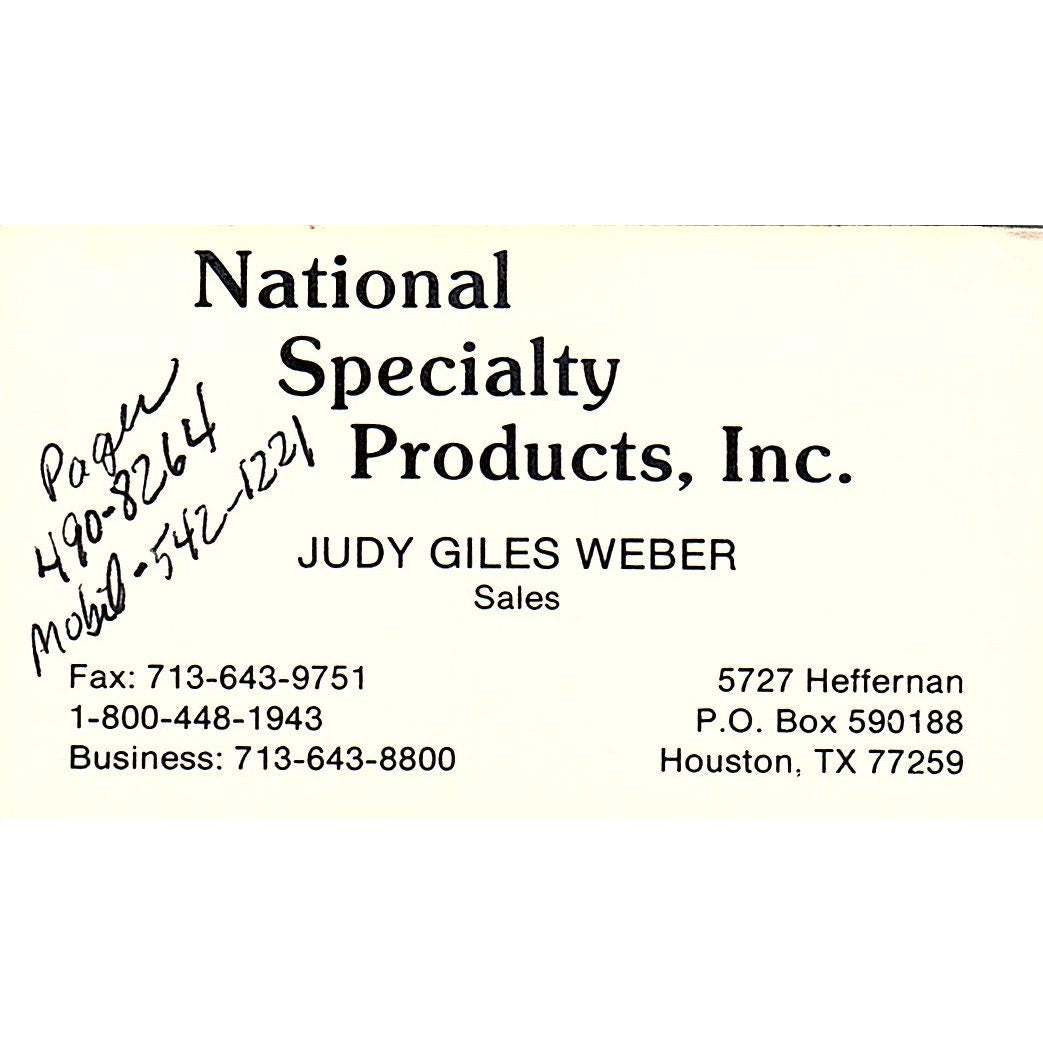 Judy Giles Weber National Specialty Products Houston Vtg Business Card SD9-B13
