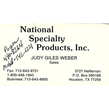 Judy Giles Weber National Specialty Products Houston Vtg Business Card SD9-B13