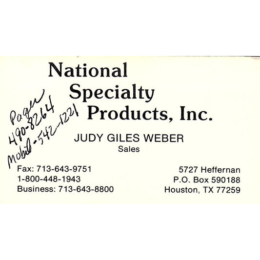 Judy Giles Weber National Specialty Products Houston Vtg Business Card SD9-B13