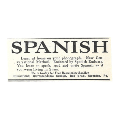 Learn Spanish on Phonograph Correspondence School Scranton PA 1924 Ad AD8-O5