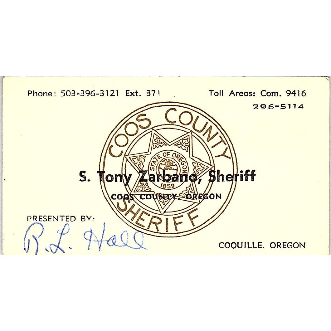S. Tony Zarbano Sheriff R.L Hall Coos County Oregon Vintage Business Card SF3-B3