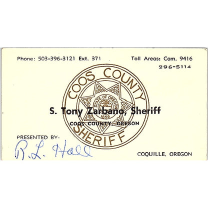 S. Tony Zarbano Sheriff R.L Hall Coos County Oregon Vintage Business Card SF3-B3