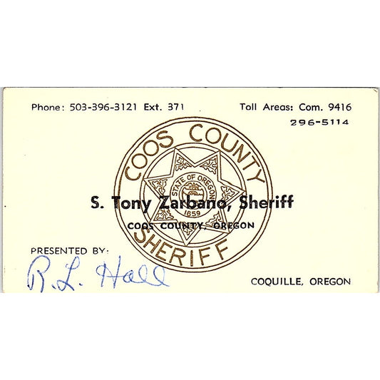 S. Tony Zarbano Sheriff R.L Hall Coos County Oregon Vintage Business Card SF3-B3