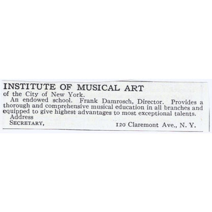 Institute of Musical Art Frank Damrosch NY c1918 Magazine Advertisement AE5-SA3