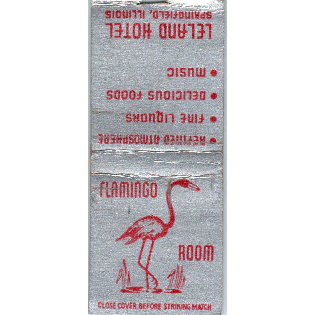 Leland Hotel Flamingo Room Springfield IL Vintage Matchbook Cover SD2-Y9