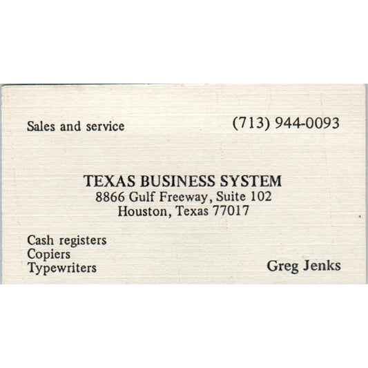 Greg Jenks Texas Business System Houston Vintage Business Card SE3-B3