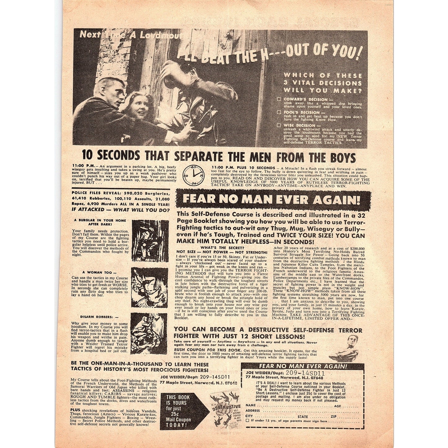 Fear No Man Ever Again - Joe Weider Self Defense Norwood NJ 1974 Ad AG1-10