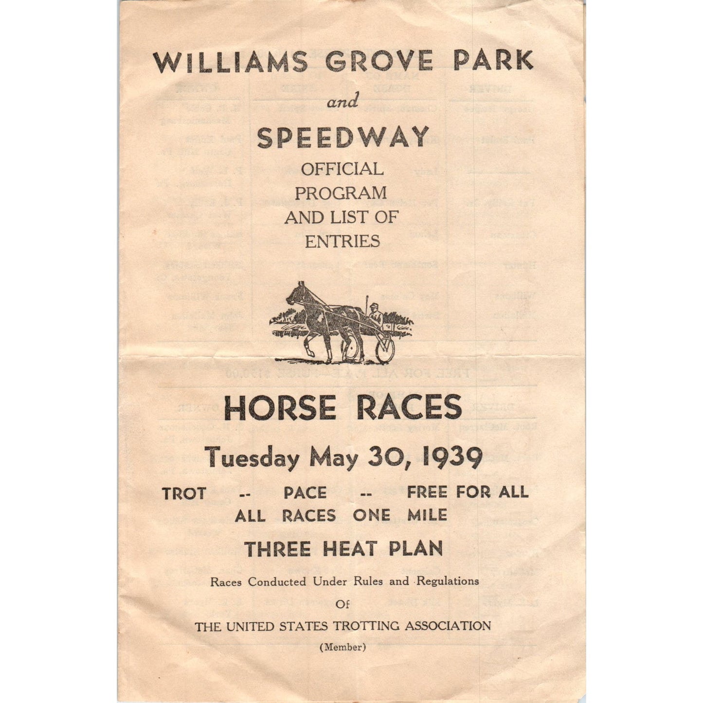 1939 Williams Grove Park and Speedway Horse Races Official Program AB9