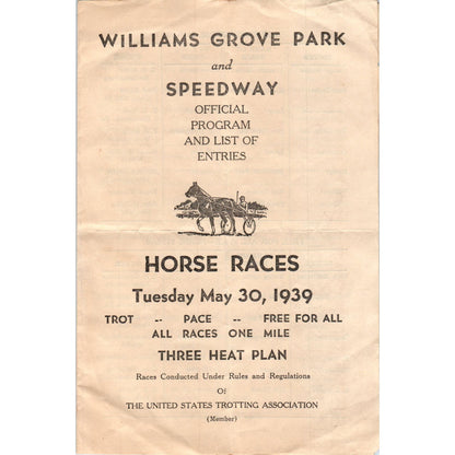 1939 Williams Grove Park and Speedway Horse Races Official Program AB9