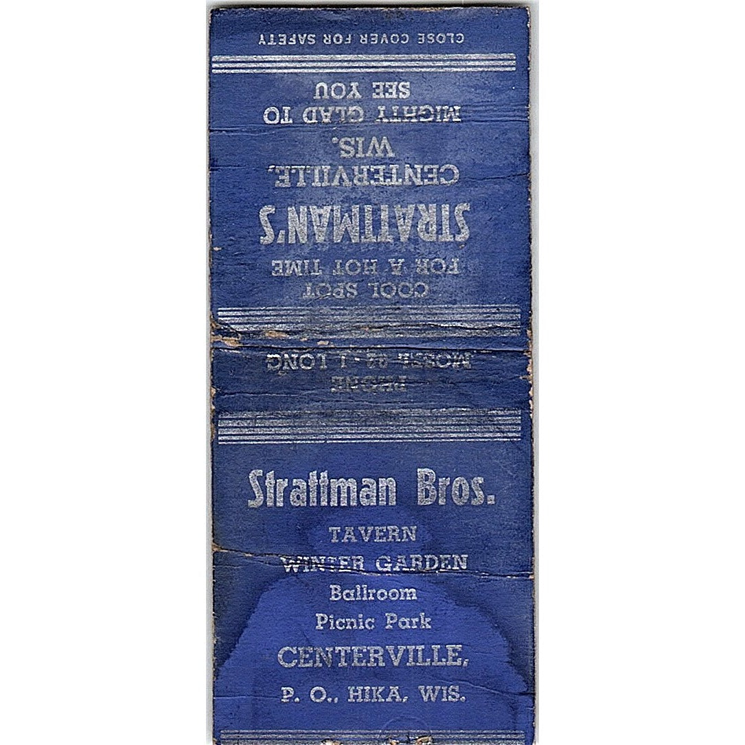 Strattman Bros Tavern Centerville Hicka WI Vintage Matchbook Cover SF3-Y9