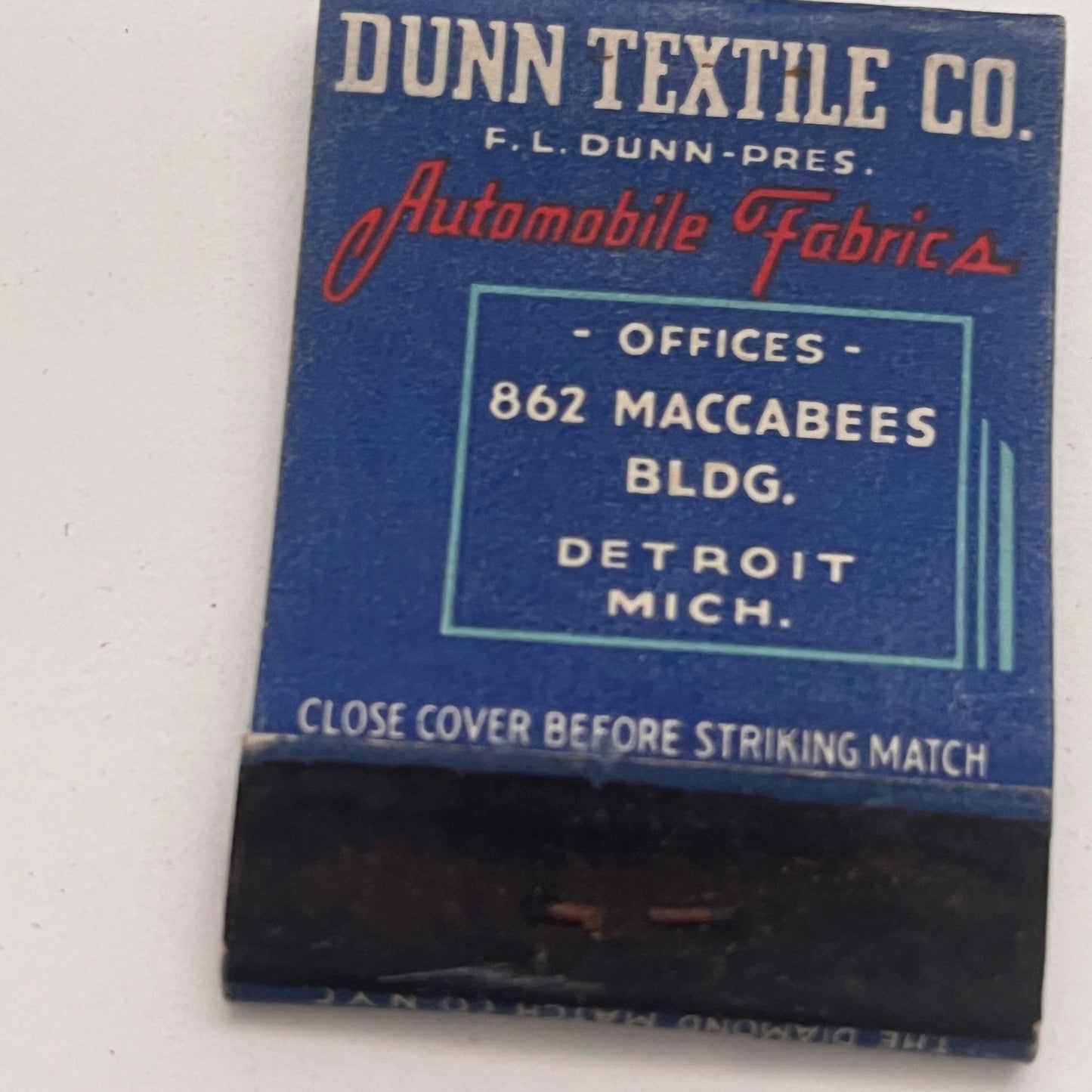 F.L. Dunn Textile Co Detroit Woolen Broadcloth Vintage Matchbook Cover TB8-MB2-5